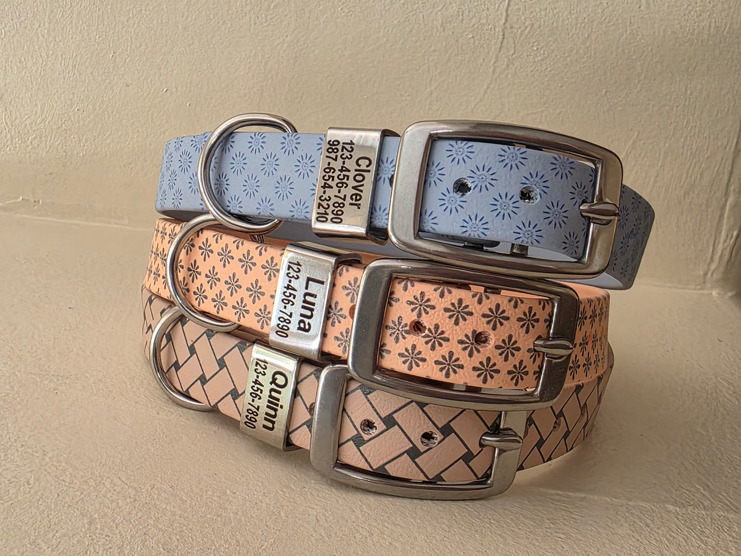 3/4" and 1" Wide Personalized BioThane Dog Collar with Engraved Polished Stainless Steel Keeper