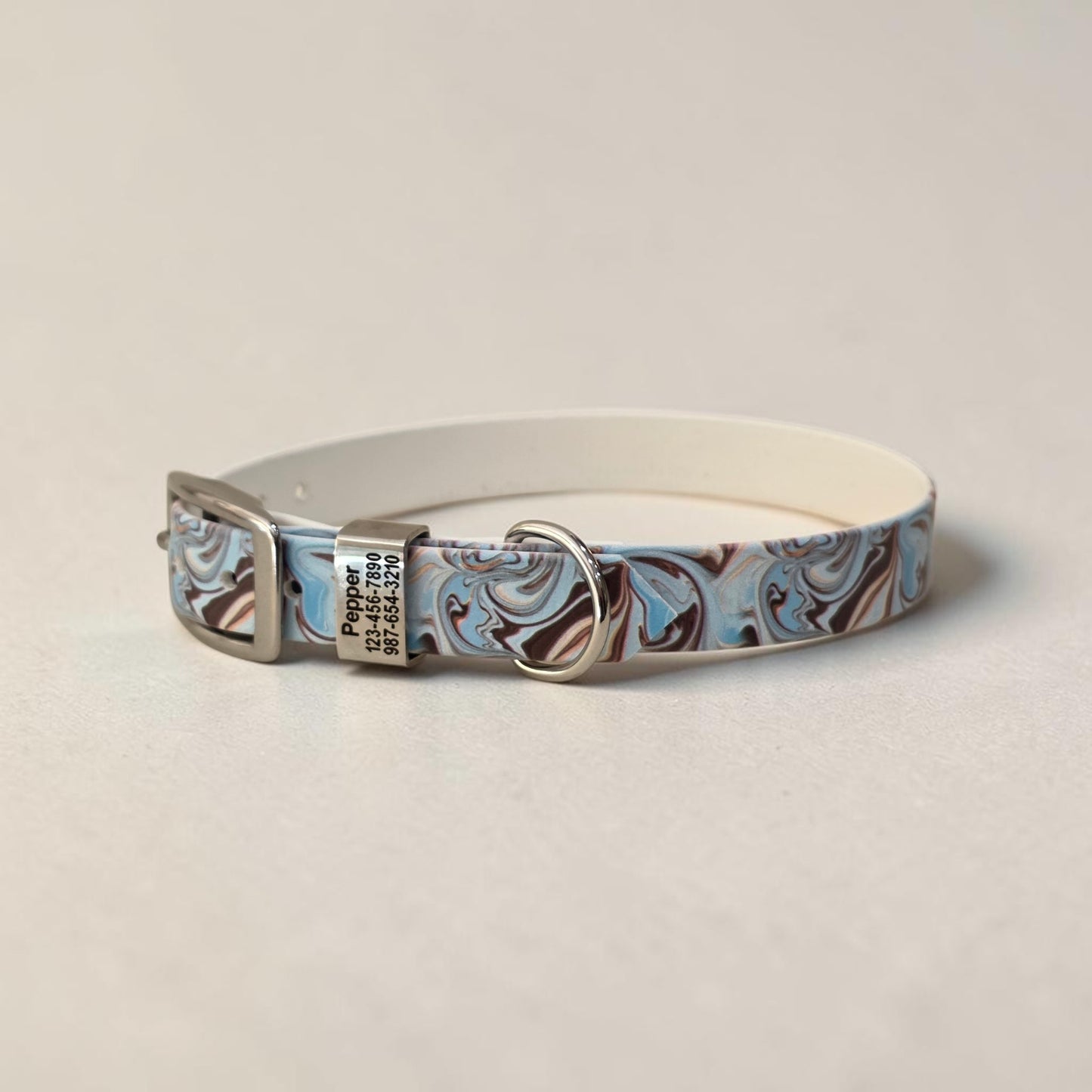 Patterned 3/4" and 1" Wide BioThane® Dog Collar with Engraved Polished Stainless Steel Keeper