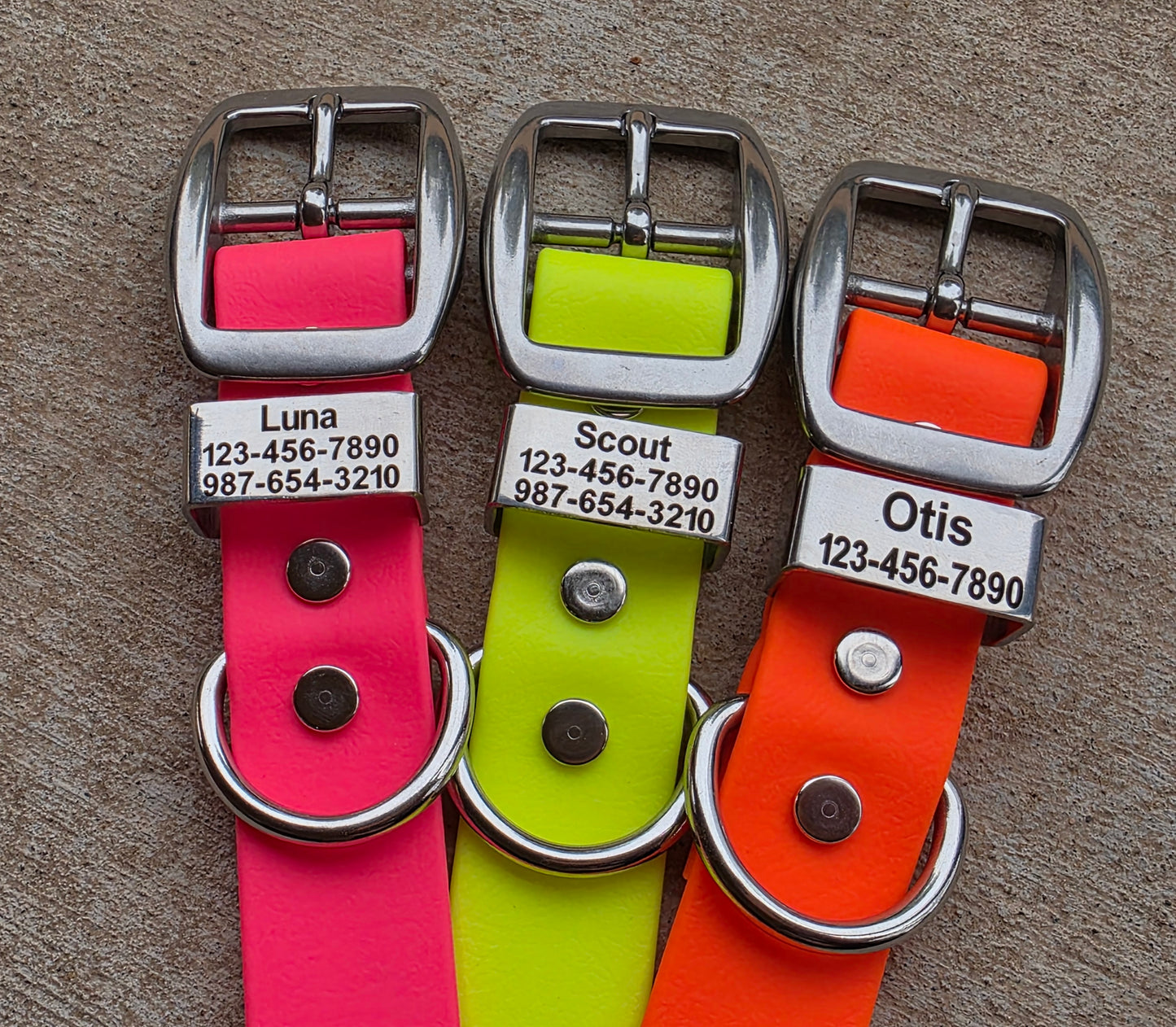 3/4" and 1" Wide Personalized BioThane Dog Collar with Engraved Polished Stainless Steel Keeper