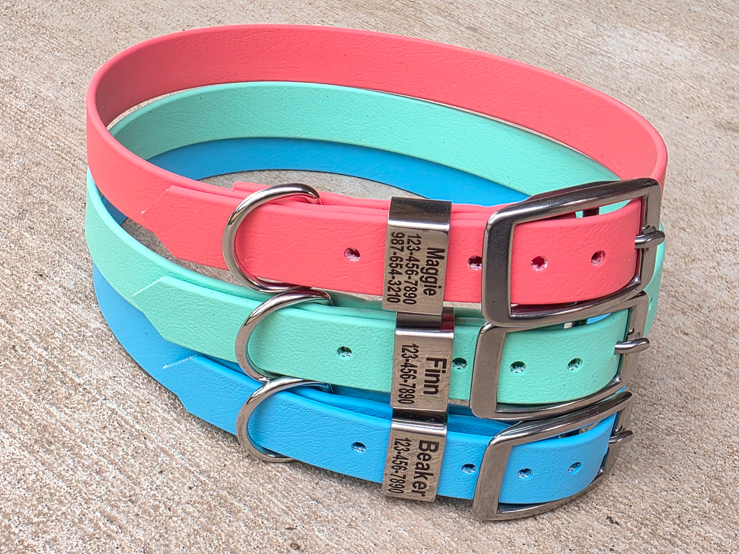 3/4" and 1" Wide Personalized BioThane Dog Collar with Engraved Polished Stainless Steel Keeper