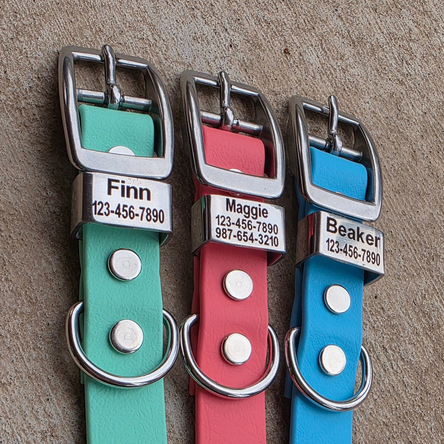3/4" and 1" Wide Personalized BioThane Dog Collar with Engraved Polished Stainless Steel Keeper