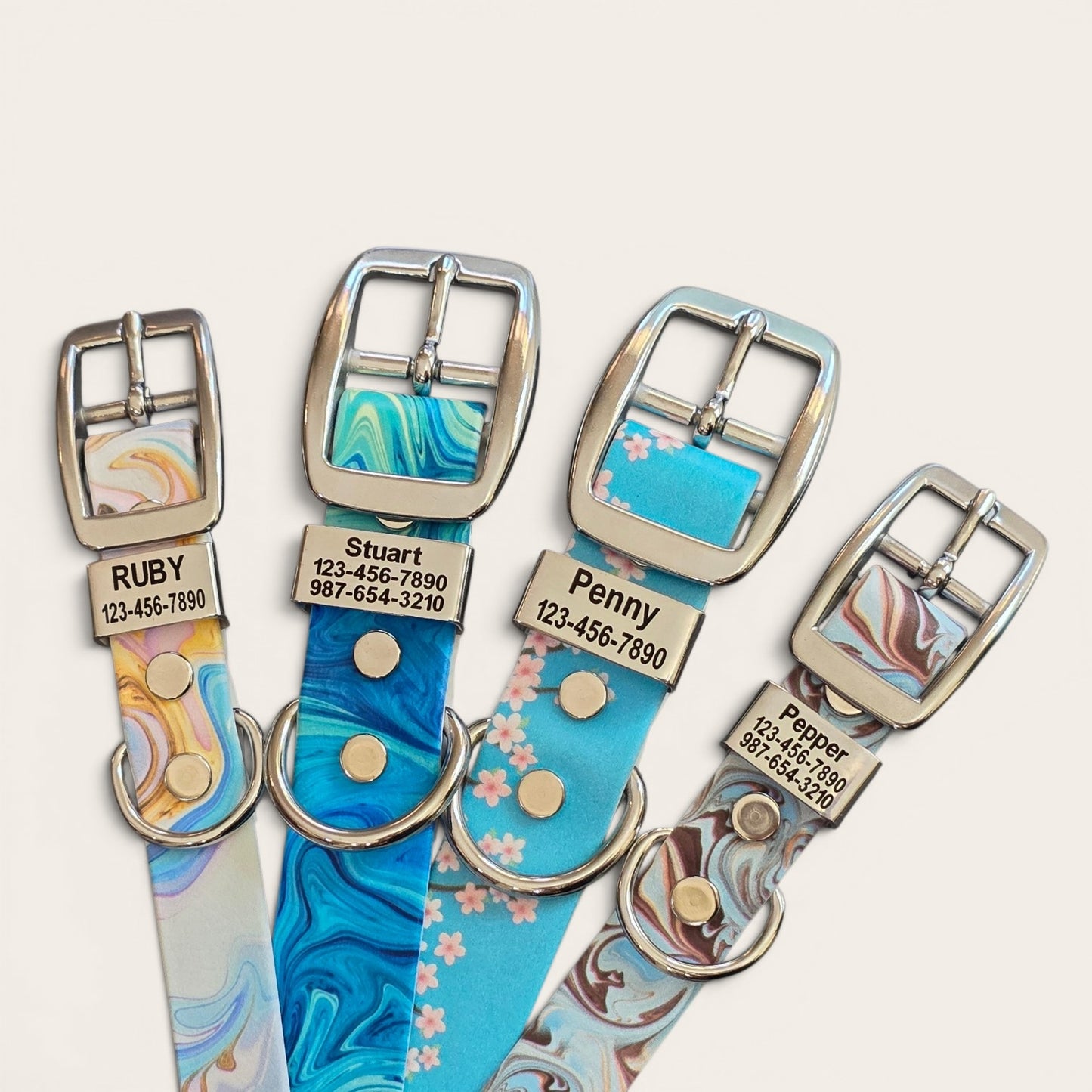 Patterned 3/4" and 1" Wide BioThane® Dog Collar with Engraved Polished Stainless Steel Keeper