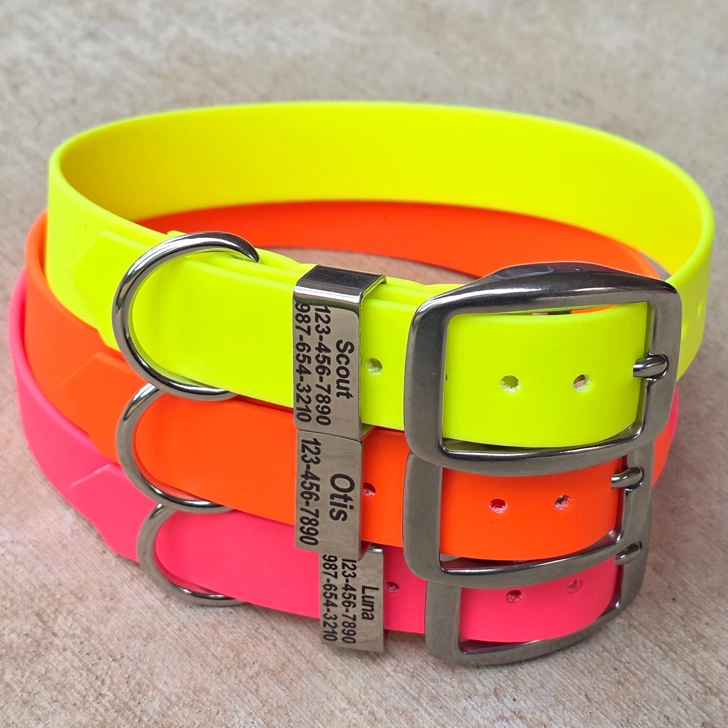 3/4" and 1" Wide Personalized BioThane Dog Collar with Engraved Polished Stainless Steel Keeper