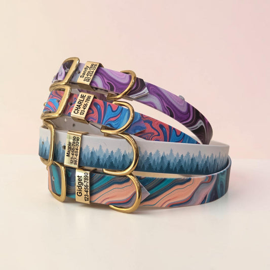 Patterned 3/4" and 1" Wide BioThane® Dog Collar with Engraved Solid Brass Keeper