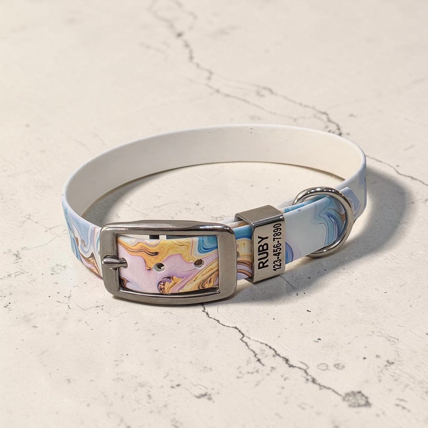 Patterned 3/4" and 1" Wide BioThane® Dog Collar with Engraved Polished Stainless Steel Keeper
