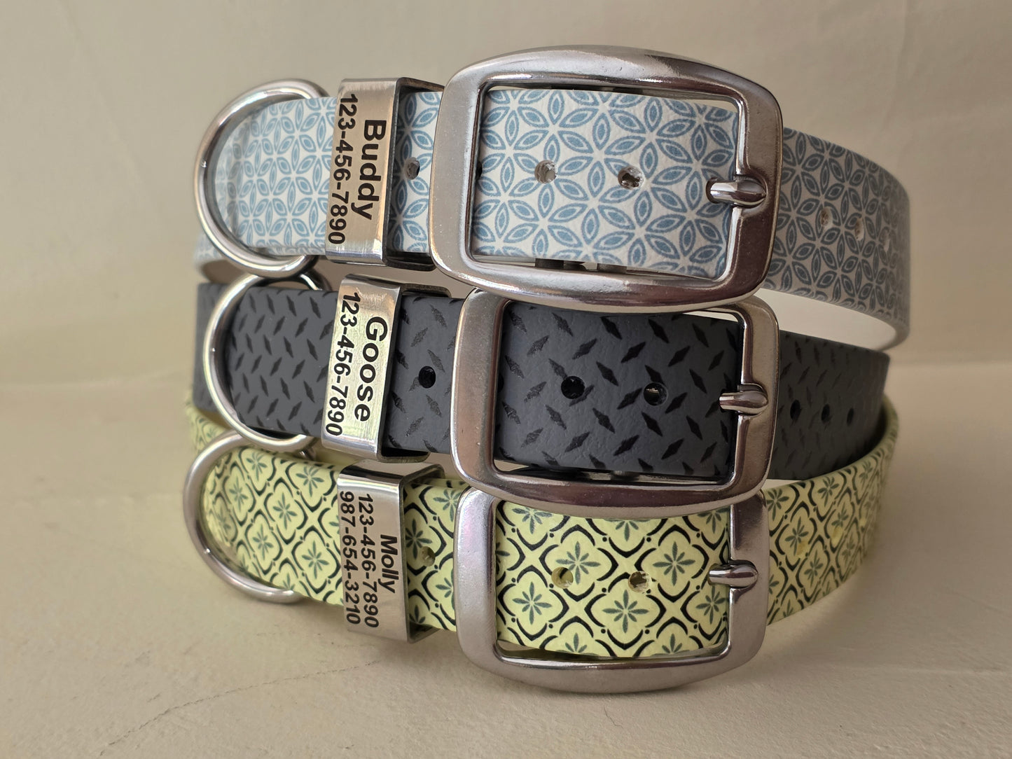 3/4" and 1" Wide Personalized BioThane Dog Collar with Engraved Polished Stainless Steel Keeper